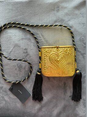 Zara Gold Embossed Metal Clutch Bag Tassel Crossbody Chain Strap